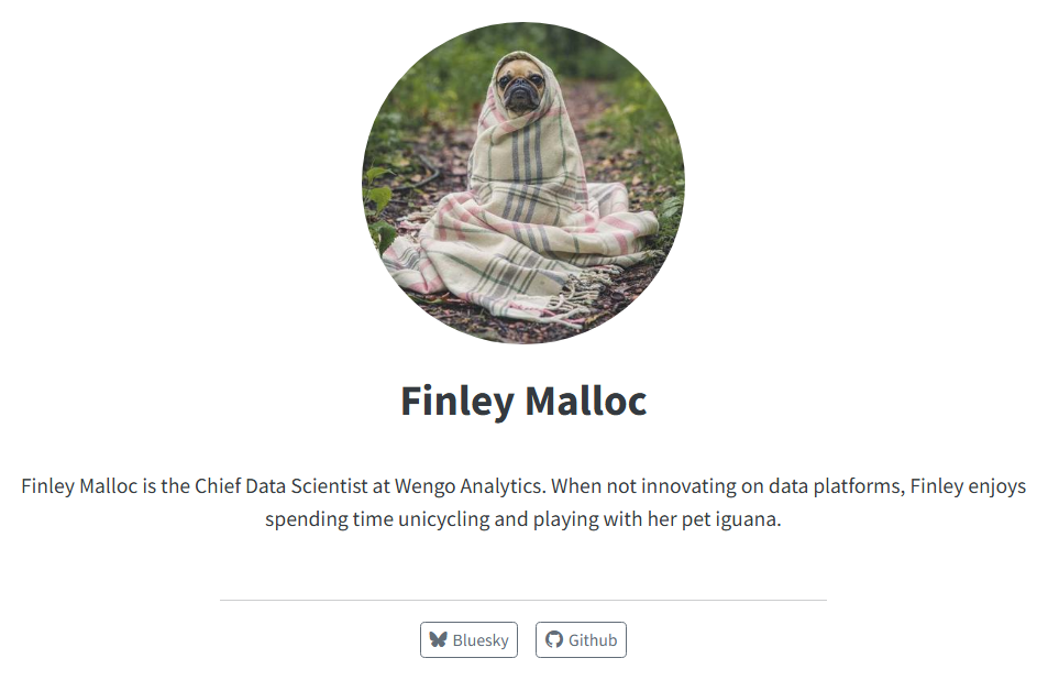 Screenshot of About page with jolla template. Photo is a centered circle above a heading with the author's name. There is a centered paragraph below the header, a separator line, and then buttons for Bluesky and GitHub centered at the bottom.